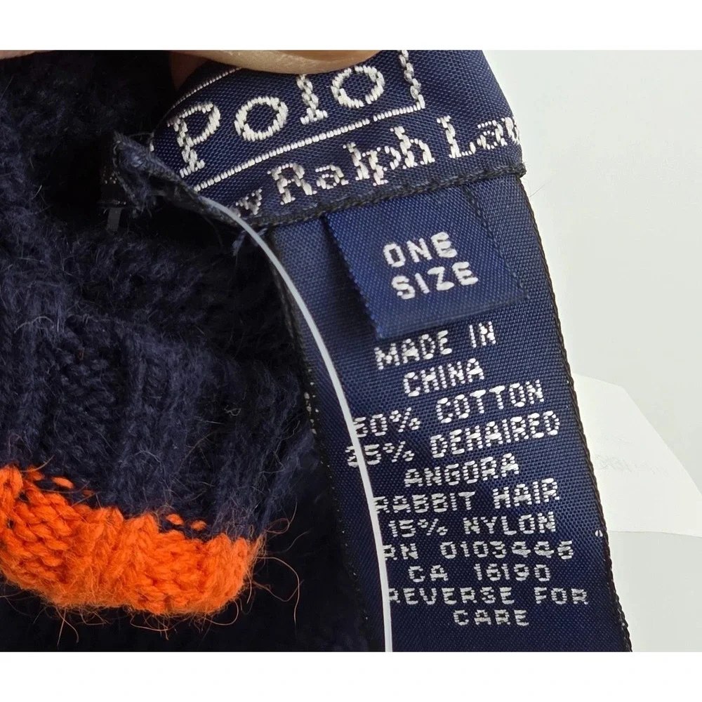 Ralph Lauren Angora Fur mittens Navy Blue Orange Pony Logo gloves size 4-7 NEW